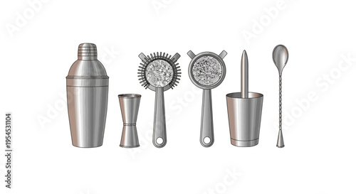 Illustration of bartending tools and equipment for mixing drinks on a white background, representing expertise in bartending.