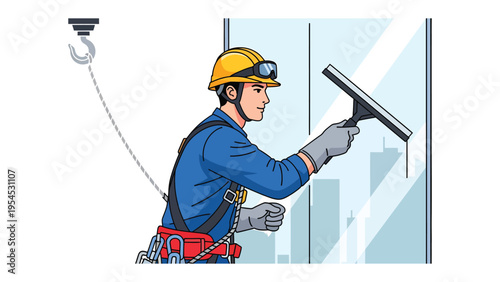 Window Cleaning Operative: A skilled professional, secured by safety gear, meticulously cleans a skyscraper window, reflecting the urban landscape in its pristine surface. 
