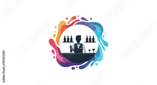 Illustration of a bartender character celebrating World Bartender Day with colorful design elements and a background of vibrant art.