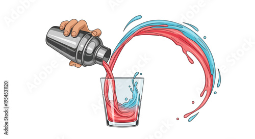 Vector illustration of a bartender pouring colorful drinks into a glass on World Bartender Day, showcasing expertise in mixing with a creative design on a white background.