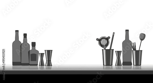 Vector illustration of a bartender's workspace with bottles, jiggers, and mixing tools on a counter, celebrating World Bartender Day with a design icon for the drinks business and expertise