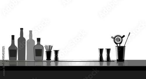 A minimalist vector illustration of a bartender's workspace with bottles, glasses, and mixing tools on a bar counter, celebrating World Bartender Day with a simple design and expertise in