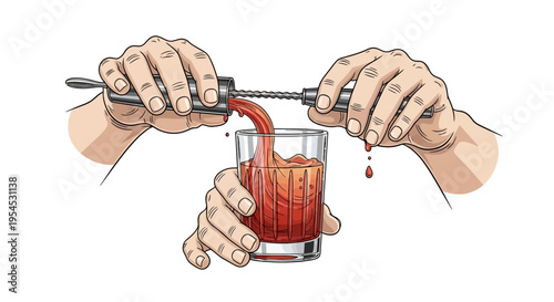 Illustration of hands expertly mixing a red cocktail with a jigger and strainer on a clean white background, symbolizing bartending expertise for World Bartender Day.