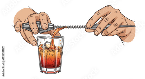 Vector illustration of hands pouring a drink through a strainer into a glass on World Bartender Day, showcasing expertise in mixing and creating drinks with a design background.