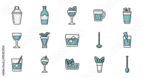 Illustration of various bartending icons and tools on a white background, celebrating World Bartender Day with a design focused on expertise in mixing and creating drinks.