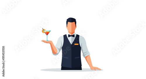 Illustration of a bartender character holding a colorful cocktail in a professional uniform with a friendly demeanor on a clean white background, symbolizing expertise in mixing drinks for