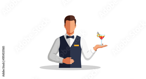 A bartender character illustration with expertise in mixing and creating drinks for World Bartender Day, showcasing a cocktail in a design icon on a white background.