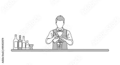 Illustration of a bartender expertly mixing drinks on World Bartender Day, showcasing a character with design expertise in a business setting.