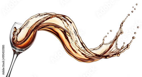 Vector illustration of a wine glass pouring a flowing splash of brown liquid on a white background, symbolizing expertise in mixing drinks for World Bartender Day.