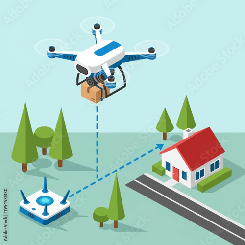 Drone delivery service: a drone carrying a package flies over a house.