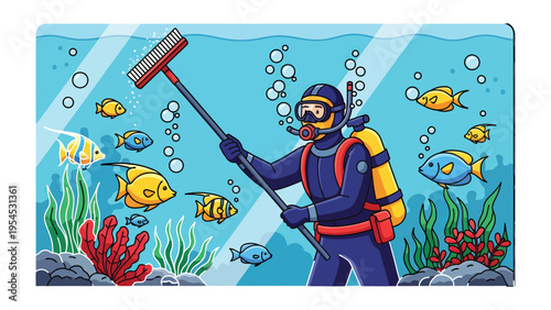 Ocean Cleaner: A scuba diver cleans a large aquarium tank, surrounded by various species of fish.
