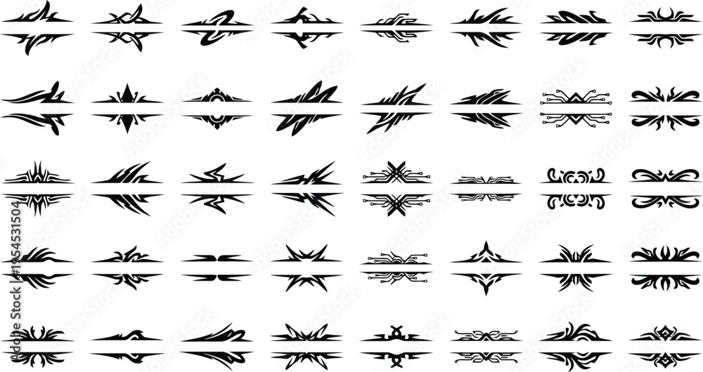 Fototapeta premium Assortment of 50 Abstract Geometric and Tribal Decorative Borders Keywords: abstract, geometric, tribal, decorative, border, divider, design, element, graphic, symmetrical, sharp, angular, modern