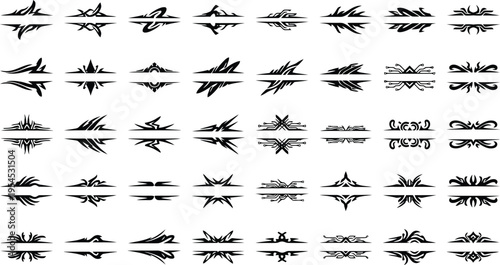 Assortment of 50 Abstract Geometric and Tribal Decorative Borders Keywords: abstract, geometric, tribal, decorative, border, divider, design, element, graphic, symmetrical, sharp, angular, modern