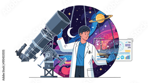 Astronomy Explorer: A scientist delves into the cosmos, observing the celestial tapestry with a large telescope and digital interface, symbolizing the quest for knowledge in space.
