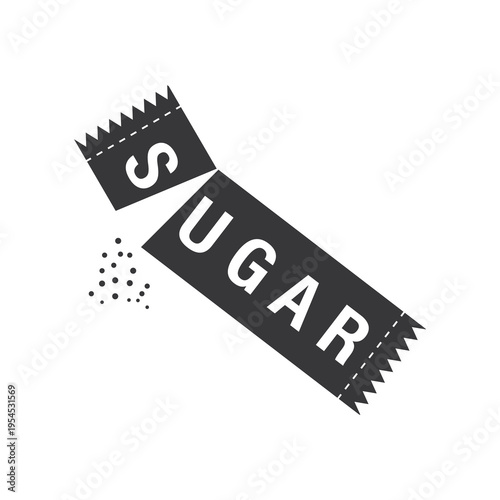 Isolated pictogram of torn sugar packet with granules pouring out representing sweetener, food ingredient, packaging, and consumption concept