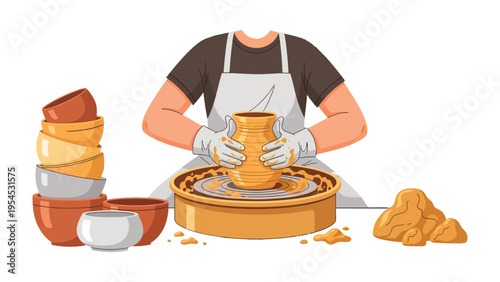 Crafting Pottery: A dedicated artisan skillfully shapes a clay vase on a pottery wheel, surrounded by various pottery items, a scene that evokes a sense of tradition and artistic creation.