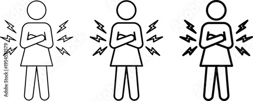 A woman experiencing abdominal pain with lightning bolts around her body