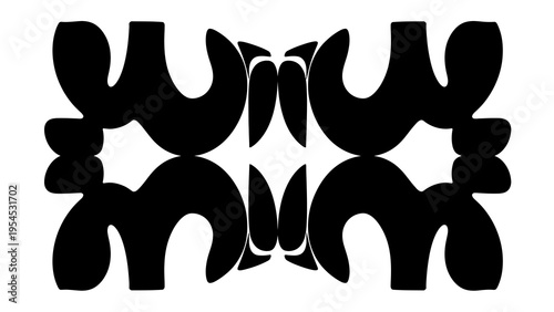 Black silhouette abstract geometric design on a white background, featuring a symmetrical pattern of interconnected shapes, creating a visually striking abstract art piece with a