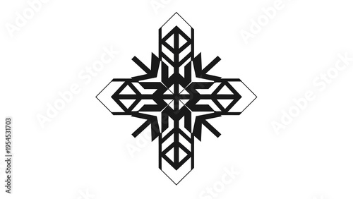 Black silhouette abstract geometric design on a white background, forming an intricate cross-like illustration with sharp, angular patterns.