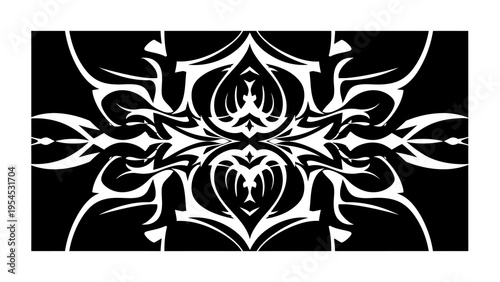 Black and white abstract geometric design with symmetrical floral patterns on a solid background, creating a striking visual effect.