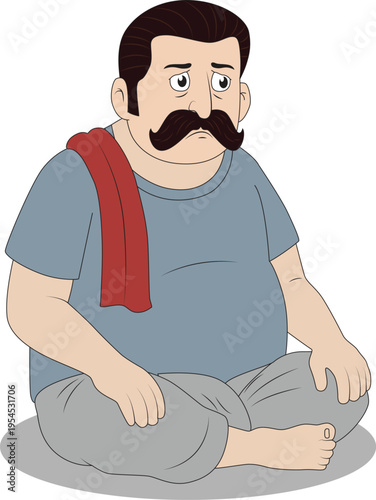  2D Cartoon Overweight Indian Man Sitting on Floor Vector Illustration