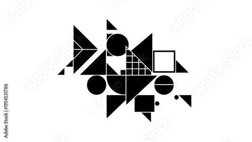Black silhouette abstract geometric shapes arranged in a composition against a white background, featuring various forms and lines, ideal for use in design and business applications.