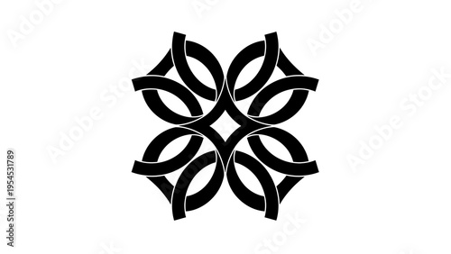 Black silhouette of an abstract geometric design on a white background, featuring a symmetrical pattern of interconnected shapes.