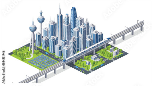 Isometric Sustainable Transportation Hub – Electric Vehicles, Urban Mobility, and Eco-Friendly Transit Infrastructure, Vector Illustration