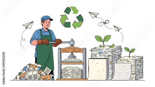 Sustainable Paper Manufacturing: A dedicated worker diligently processes discarded paper, transforming it into fresh, sustainable paper, representing a commitment to environmental stewardship.