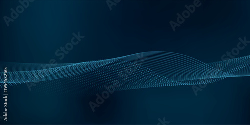 Glowing blue wavy lines on a dark blue abstract background with a tech dot theme. Digital high-tech vector illustration with wavy lines with particles.