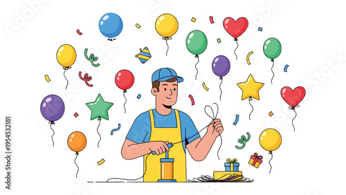 Party Preparations: A skilled individual prepares a festive array of colorful balloons. The scene is brimming with excitement and anticipation.