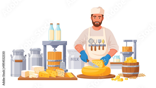 Artisan Cheese Maker Crafting Cheese: Witness the skilled artisan meticulously cutting a freshly crafted wheel of cheese, surrounded by the tools and ingredients of his trade.