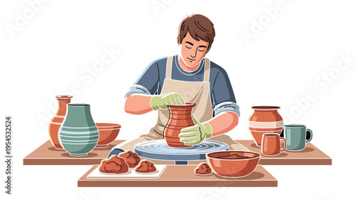 Crafting on the Wheel: A skilled artisan meticulously shapes clay on a pottery wheel, transforming simple earth into functional art.