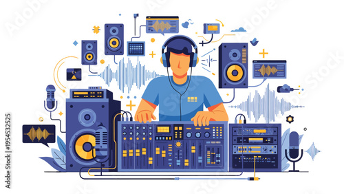 Sound Engineer at Work: A skilled sound engineer is immersed in his craft, meticulously manipulating the audio with expertise. He is surrounded by various equipment in a studio setting. 