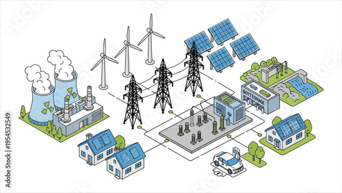 Renewable Energy Distribution Illustration – Houses, Offices, Factories, Solar and Wind Plants, Power Grid Pylons, Transformers, and Virtual Battery Storage, Vector Concept