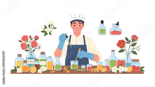 Artisan in the Laboratory: A skilled craftsman expertly blends botanical ingredients in a laboratory setting, creating exquisite fragrance oils with care and precision.