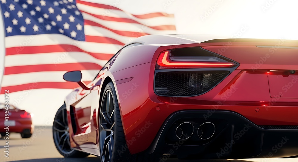 Naklejka premium Luxury sports car with American flag background