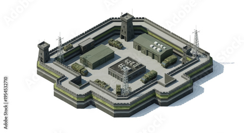 Isometric view of a military base with a central building, surrounded by defensive walls and towers, on a plain white background.