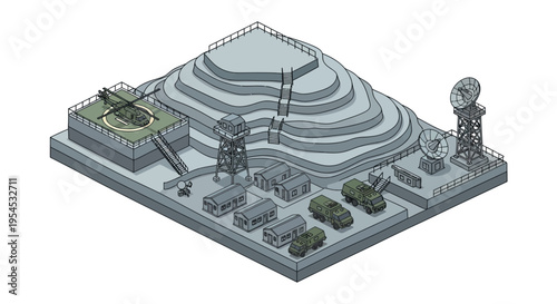 Isometric illustration of a military base with aircraft, tanks, and vehicles on a gray landscape with a radar tower and hangar in a technical design style.