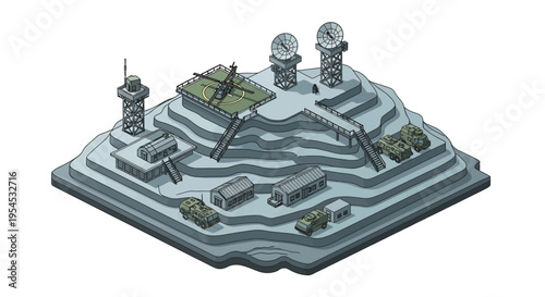 Isometric illustration of a military base with various structures, including a tank, aircraft, and satellite dishes, on a raised platform against a plain white background.
