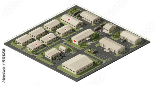 Isometric view of a military base with various buildings and a tank, surrounded by greenery and roads on a clean white background.