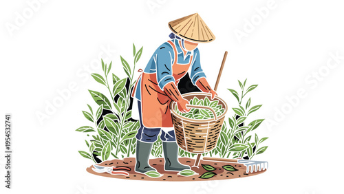 Tea Harvester: An illustrated scene of a tea farmer meticulously gathering fresh leaves, embodying the time-honored tradition and care for nature.