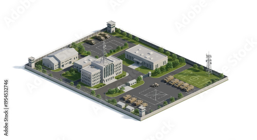 Isometric view of a military base with various buildings, including a tank, aircraft, and hangar, surrounded by greenery and a parking lot, showcasing a mix of architecture and
