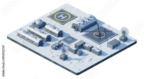 Isometric illustration of a military base with aircraft, tanks, and buildings on a white background, showcasing transportation and business infrastructure.