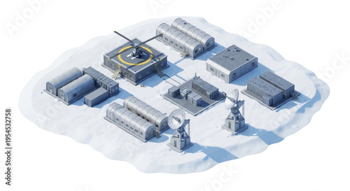 Isometric illustration of a military base with various buildings, a helicopter, and tanks on a snowy terrain with a design transportation concept.