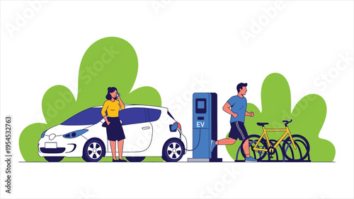 Woman Charging Electric Car – Electric Vehicle at Recharging Station, Flat Vector Illustration