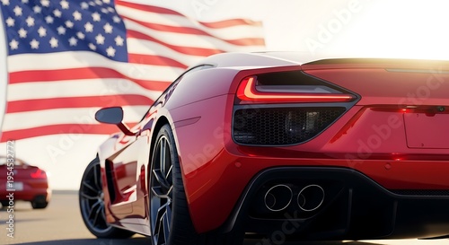 Luxury sports car with American flag background