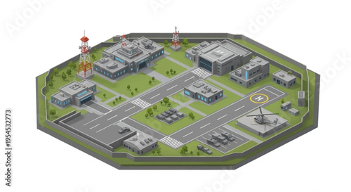 Isometric illustration of a military base with various buildings, military tanks, aircraft, and transportation vehicles on a green landscape with a road network.