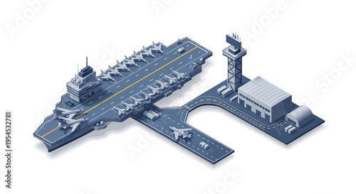 Isometric illustration of a military aircraft carrier with planes and a control tower on a runway, conveying a sense of transportation and military operations.