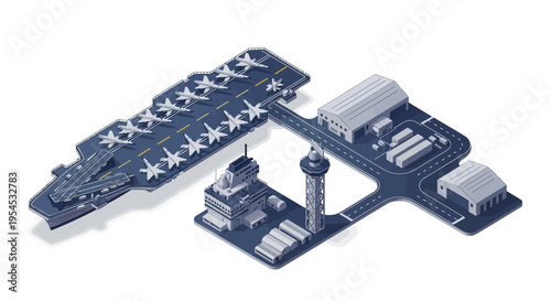 Isometric illustration of a military base with aircraft and buildings on a plain white background, showcasing transportation and business infrastructure.